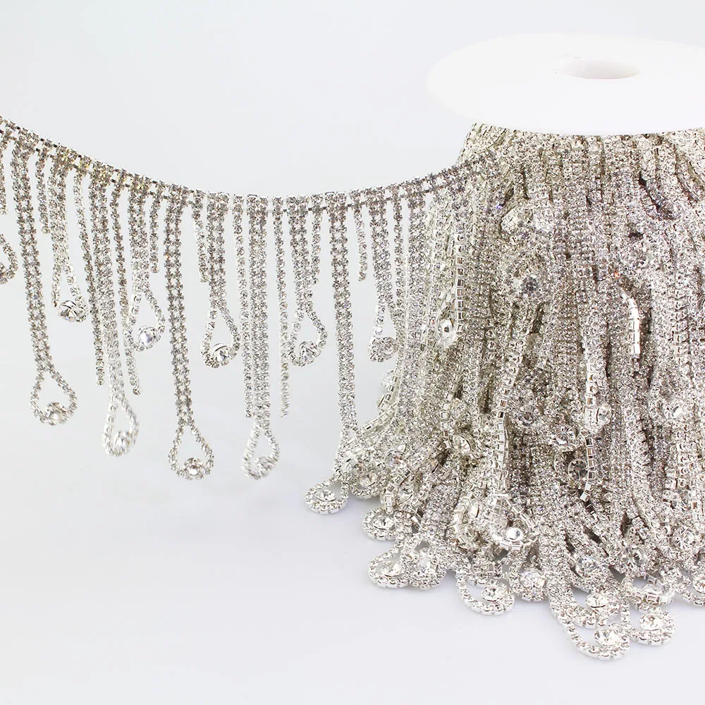 5yards/lot Sell Well Long fringe rhinestone trim silver Drop pendant tassel crystal decorative metal chain clothing accessories