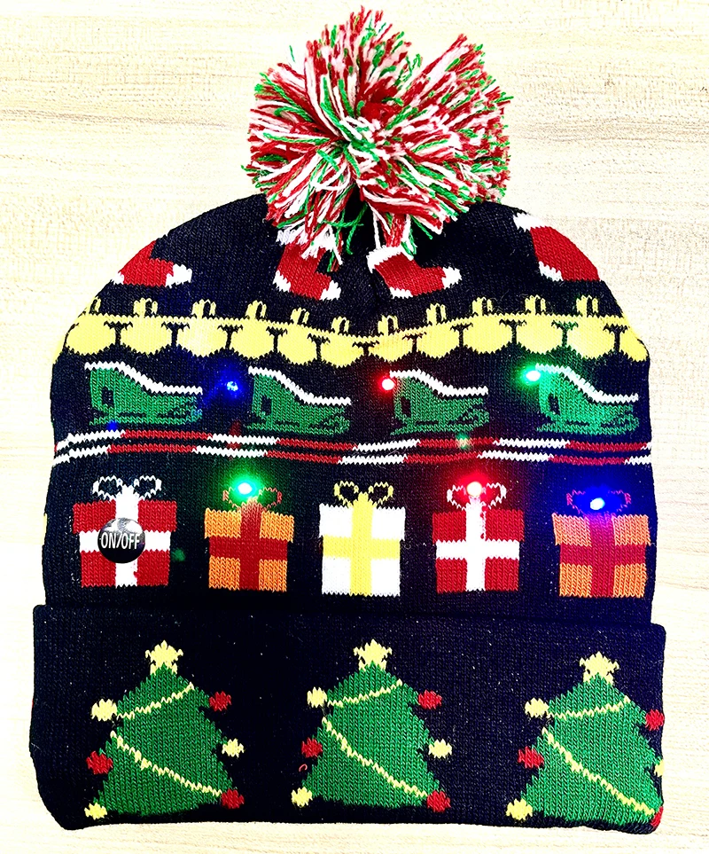 New Style! LED Christmas Hat Beanie Light Up Illuminate Warm Hat 48 Patterns New Year Snowman Sweater Hat Christmas Decorations