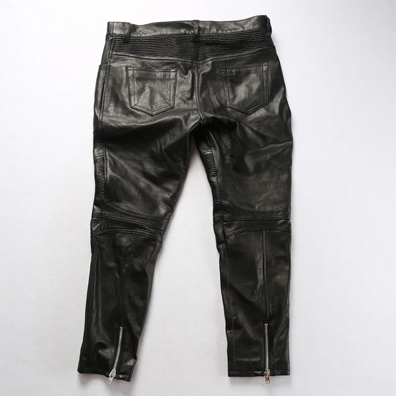 Men Brand Sheepskin Skinny Pants Casual Biker 100% Real Leather Trousers Streetwear Pleated Zipper Punk Black Pants Plus Size