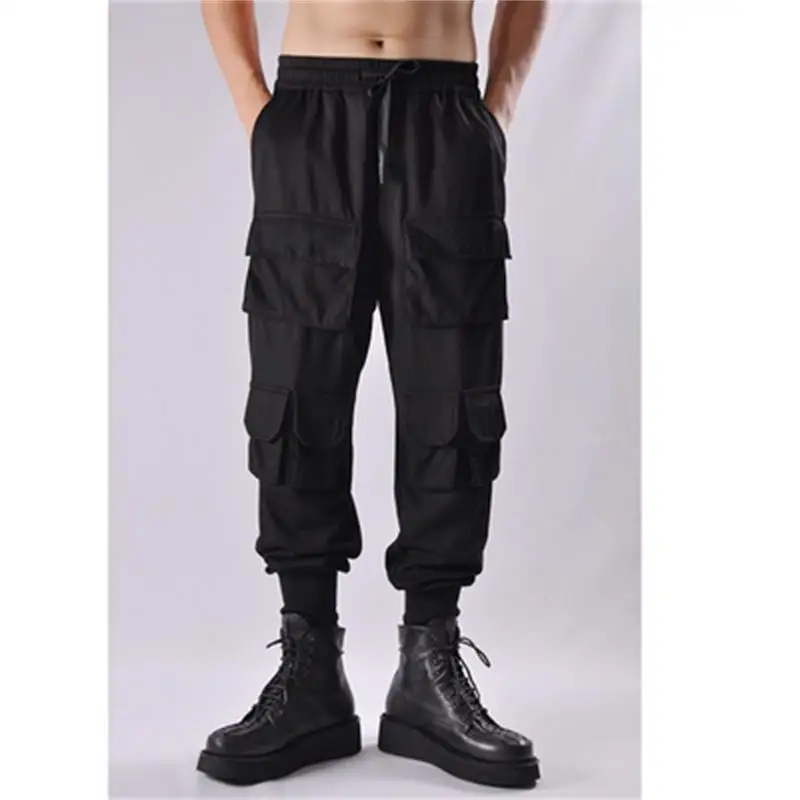 

Men's Casual Pants Spring And Autumn Solid Color Stretch Waist Function Multi-Pocket Overalls Loose Motorcycle Pants