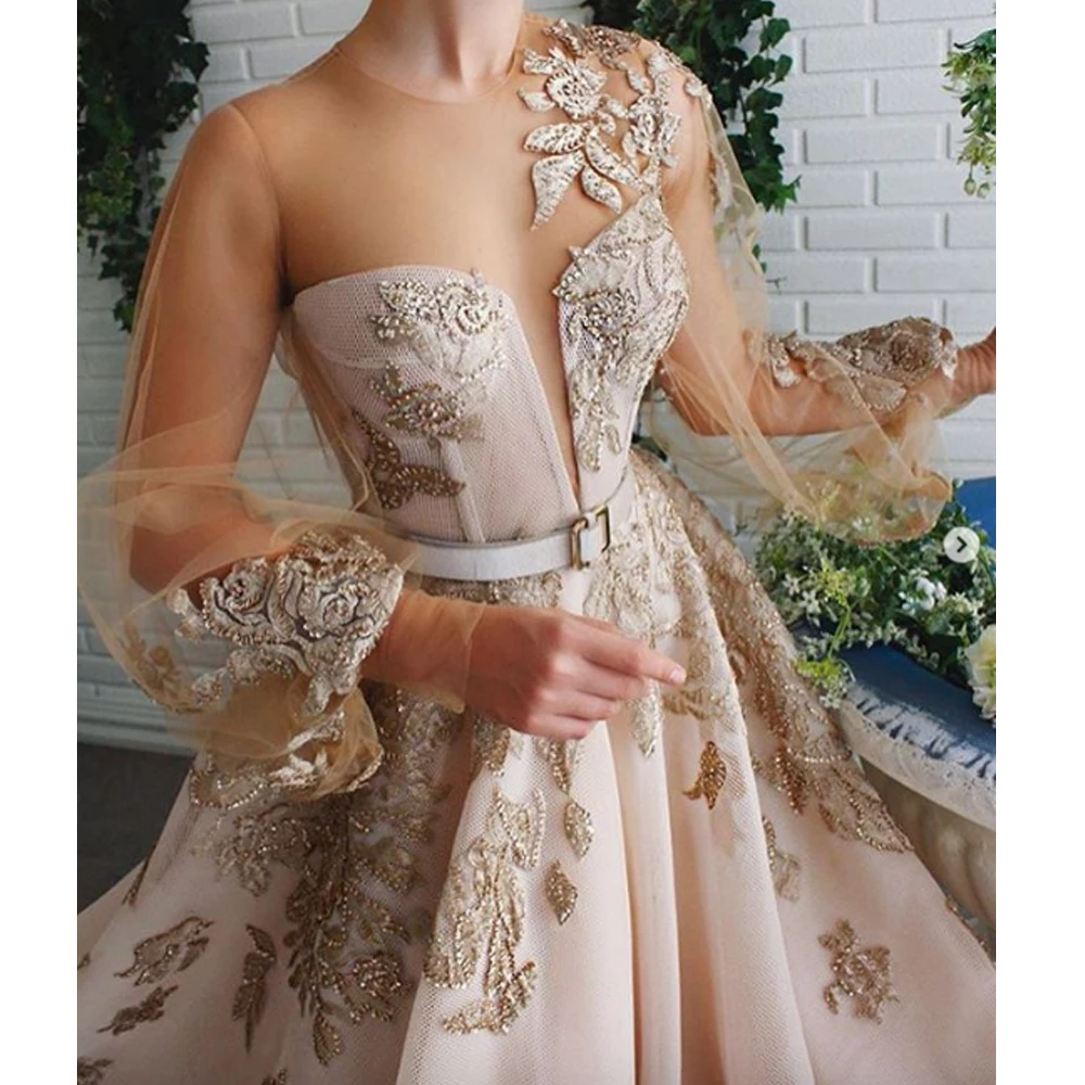 Champagne prom dresses 2020 manica lunga in pizzo appliques borda fiori una linea in rilievo abiti da sera lunghi abiti da sera