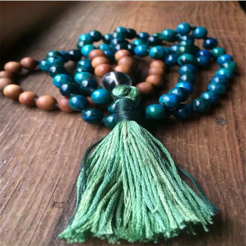 

8mm Malachite Gemstone 108 Beads Tassels Mala Necklace Buddhist spirituality Unisex Wrist Handmade energy Healing Prayer Men