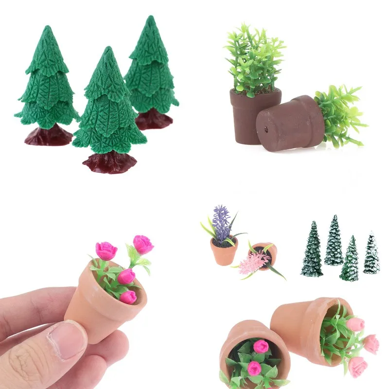 1:12 Dollhouse Miniature Christmas Tree Micro Tree Potted Plant Ceramic Flower Pot Lavender Rose Green Plant Home Decor Toy