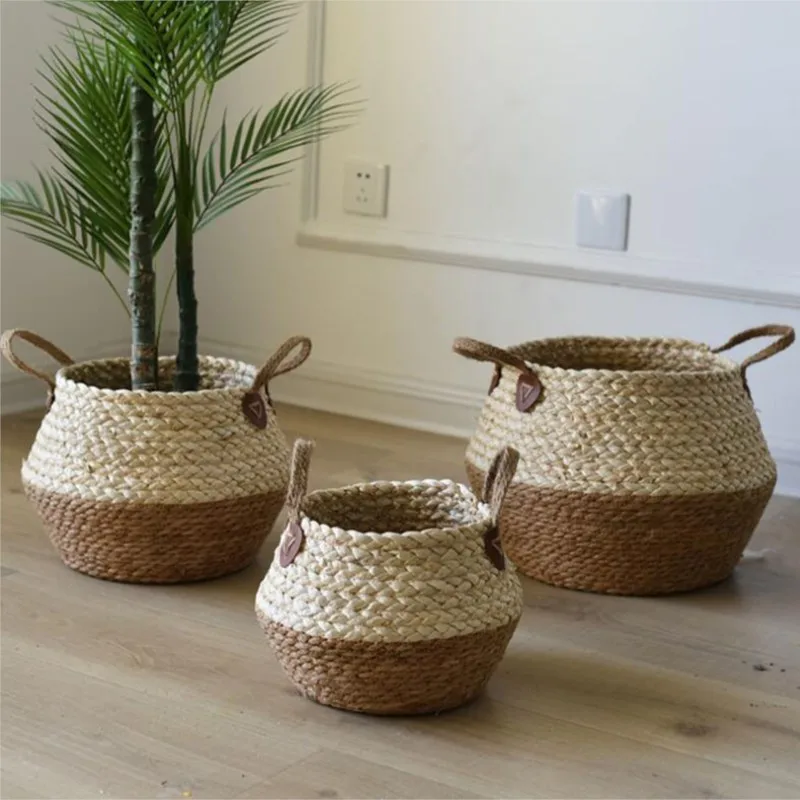 Bamboo Seagrass Storage Baskets Wicker Basket Plant Nordic style Garden Flower Pot Laundry Basket Container Toy Holders