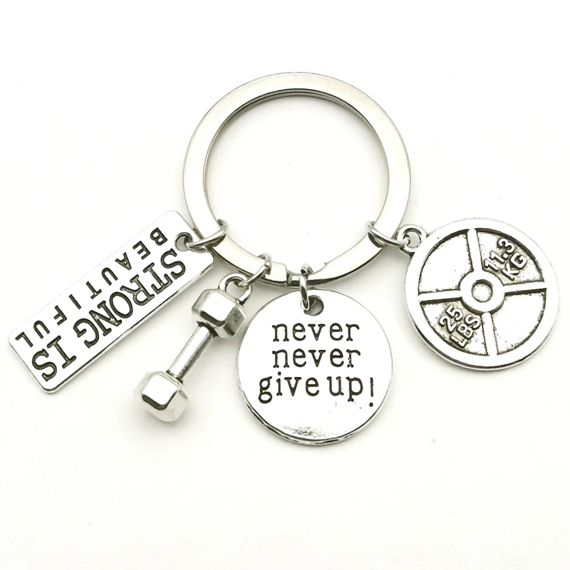 2020 Fashion Accessories 25LBS Keychain Mini Dumbbell Barbell Keychain Never Give Up Fitness Keychain Charm Gift Coach Souvenir