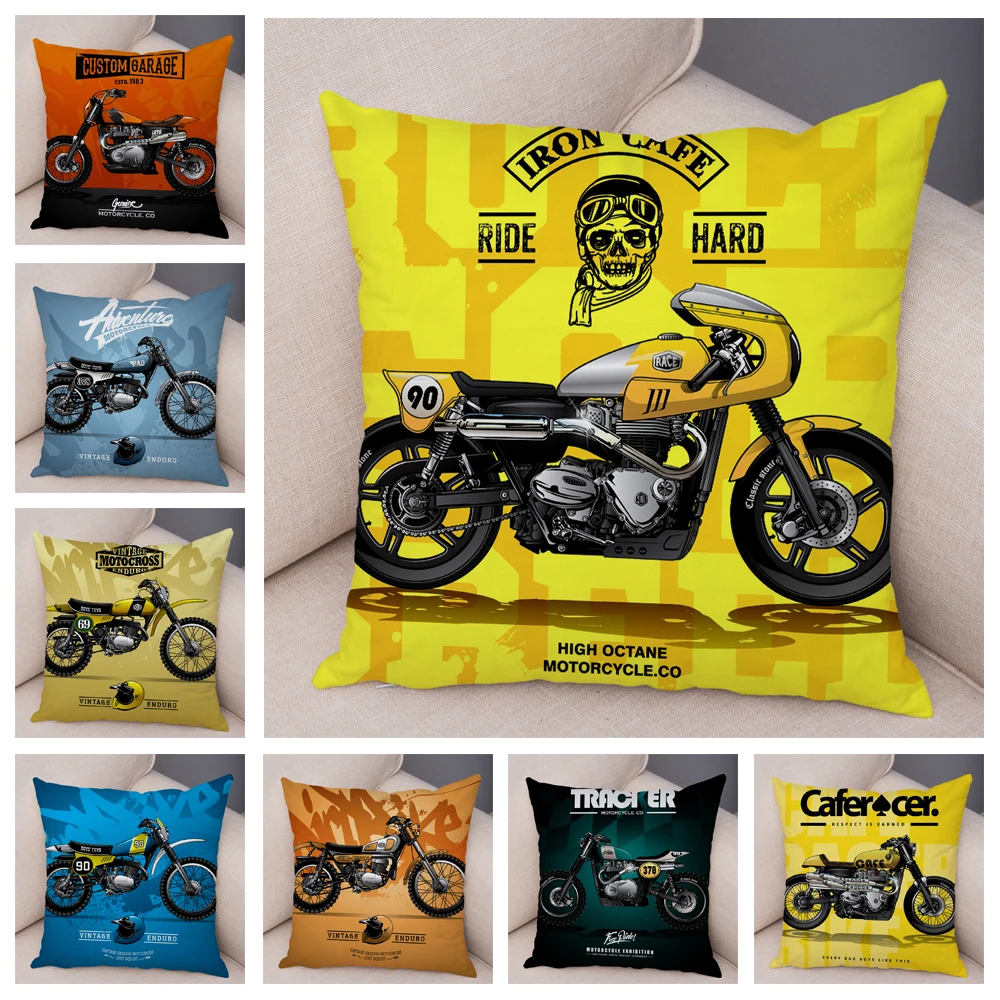 

Colorful Motorcycle Cushion Cover Decor Vintage Style Bike Race Pillowcase Soft Plush Pillow Case for Sofa Home Car 45x45cm