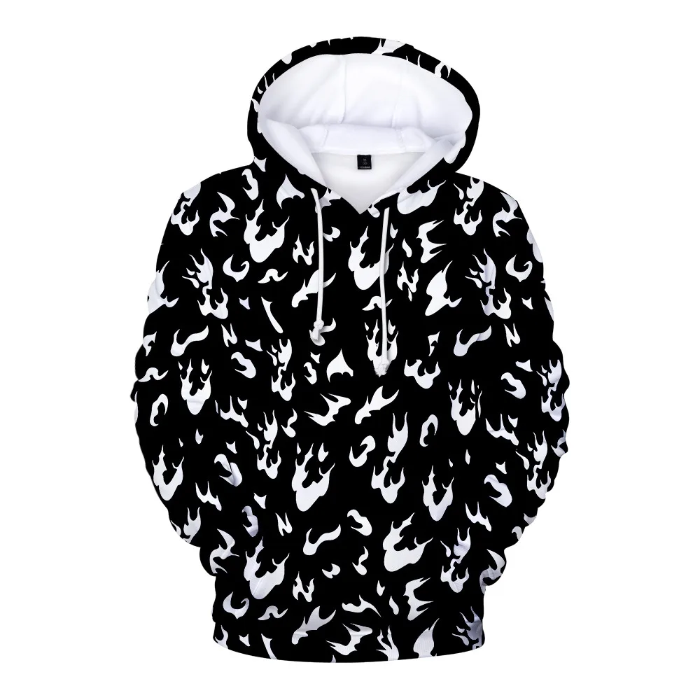 

Black and White Flame Pattern Hoodies Men Women Long Sleeve Sweatshirts Autumn Winter Harajuku Jacket Streetwear Coats