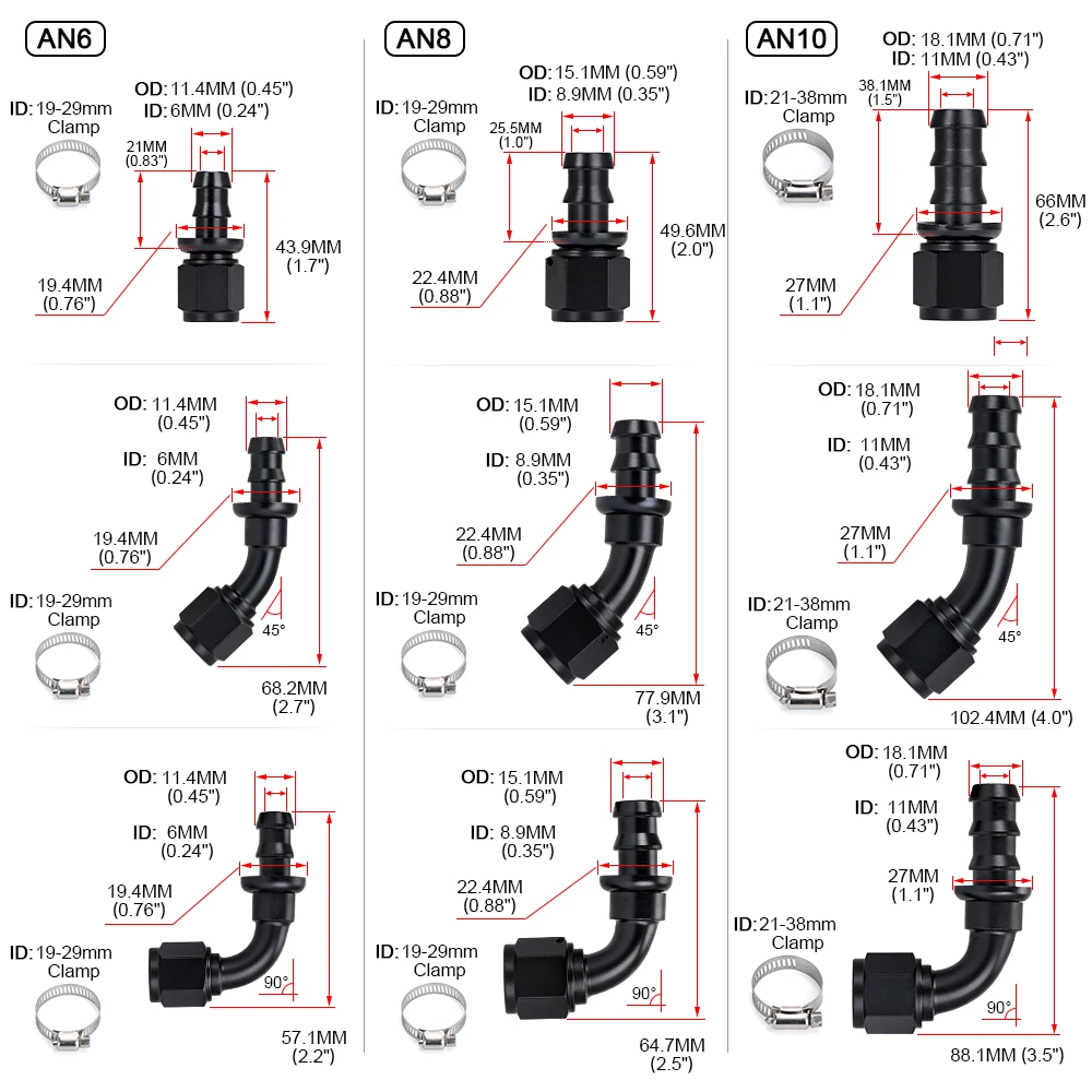 Universal AN6 AN8 AN10 Push-on Hose End Fittings Fuel Oil Cooler Hose Fitting 0 45 90 180 Degree Reusable Connection Adapter