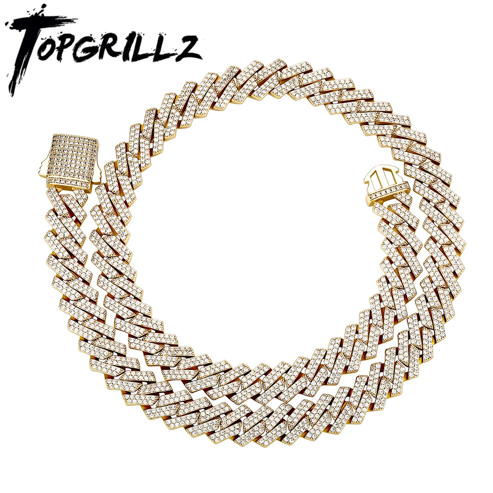 

TOPGRILLZ 14mm Miami Cuban Link Chain Necklace With New Spring Clasp Gold Plated Iced Full Micro Pave CZ Chain Hip Hop Jewelry