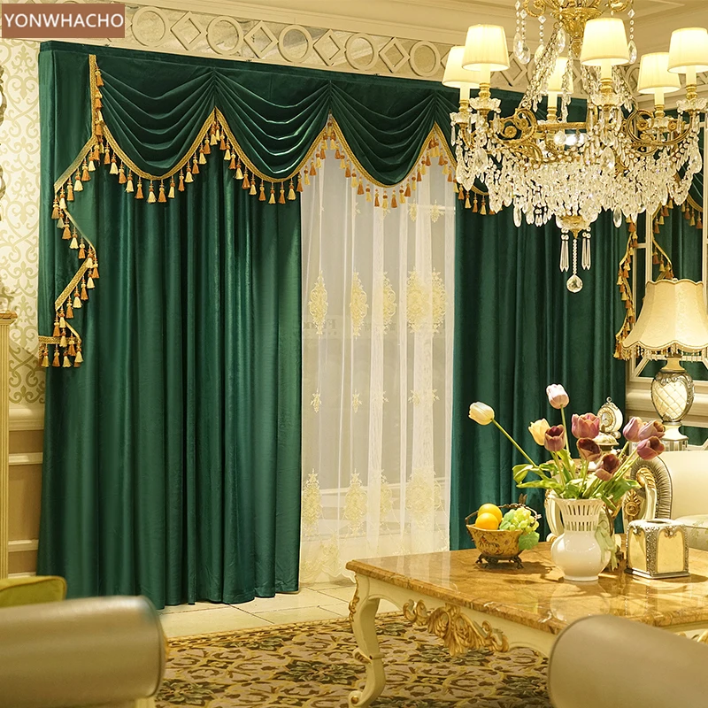 

Custom curtains simple American luxury villa living room green thick velvet cloth blackout curtain tulle valance drape B771