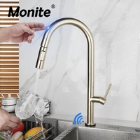 Monite Brush Golden Kitchen Sink Faucets Auto Touch Hot & Cold Water Mixer Tap Chrome Pull Out Crane Automatic Smart Sensor Tap