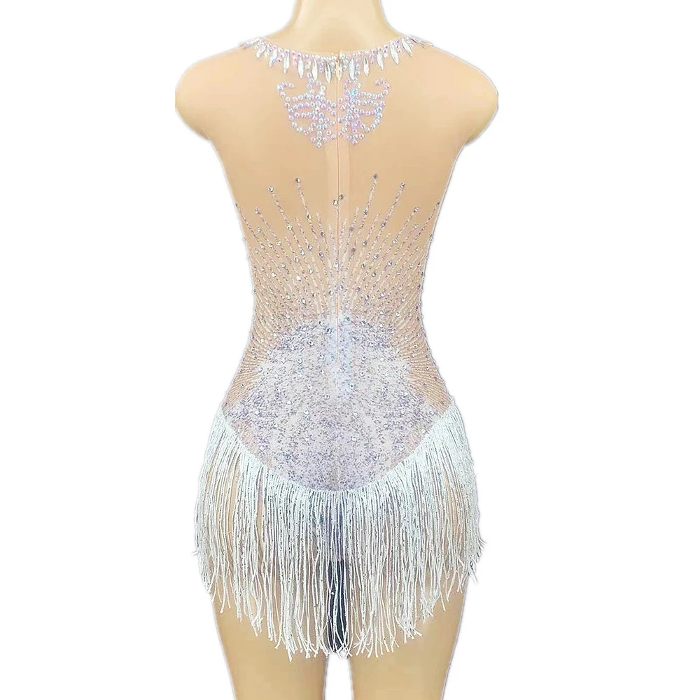 Rhinestone Bodysuit For Women Dance Wear O-Neck Sleeveless Singer Body Lady Gaga Costume Romper Fringe Gauze Glitter Leotard