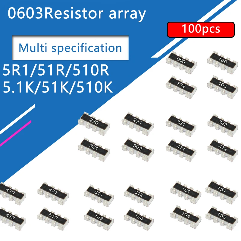 100pcs 0603*4 8P4R 2*4P SMD résistance réseau tableau 5R1 5.1 51 510 R Ohm 5.1K 51K 510K 511 512 513 514