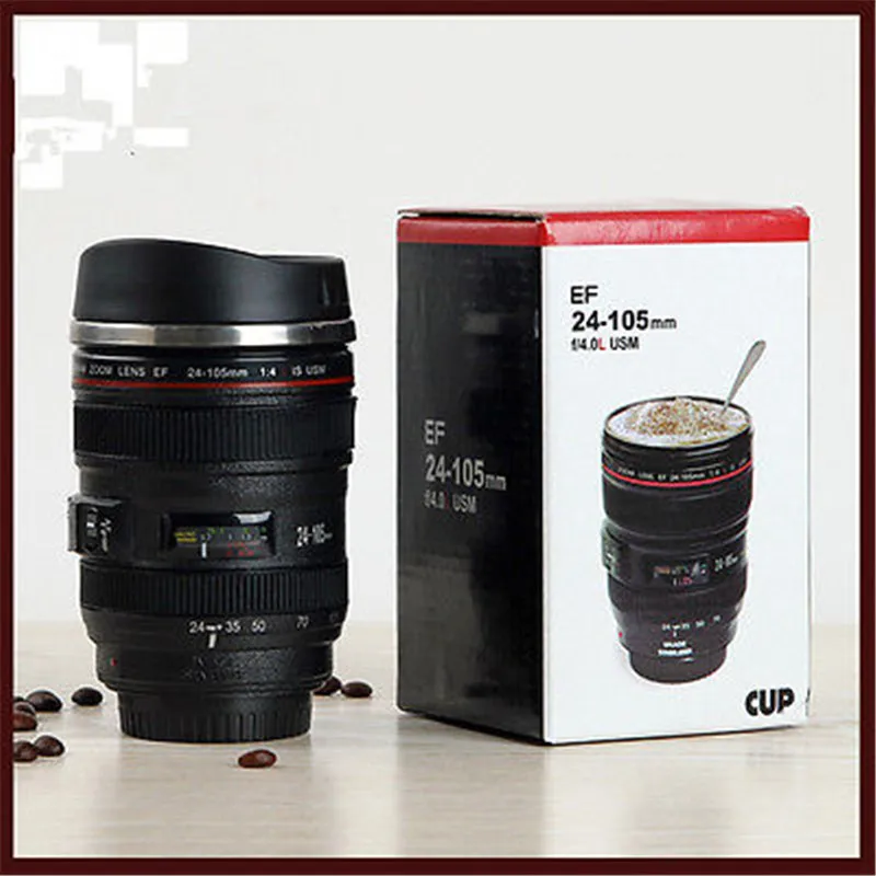 New 24-105MM Lens THERMOS Camera Travel Coffee Tea Cup Mug Lens Creative Cup Stainless Steel Brushed Liner Black