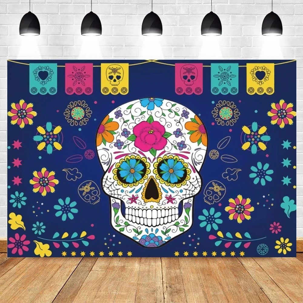 Yeele Smile Skull Backdrop Photography Flowers Leaf Multicolour Blue Background Baby Photocall Photo Studio Family Photophone