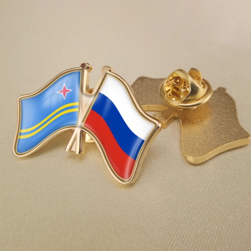 Russian Federation and Aruba Crossed Double Friendship Flags Lapel Pins Brooch Badges