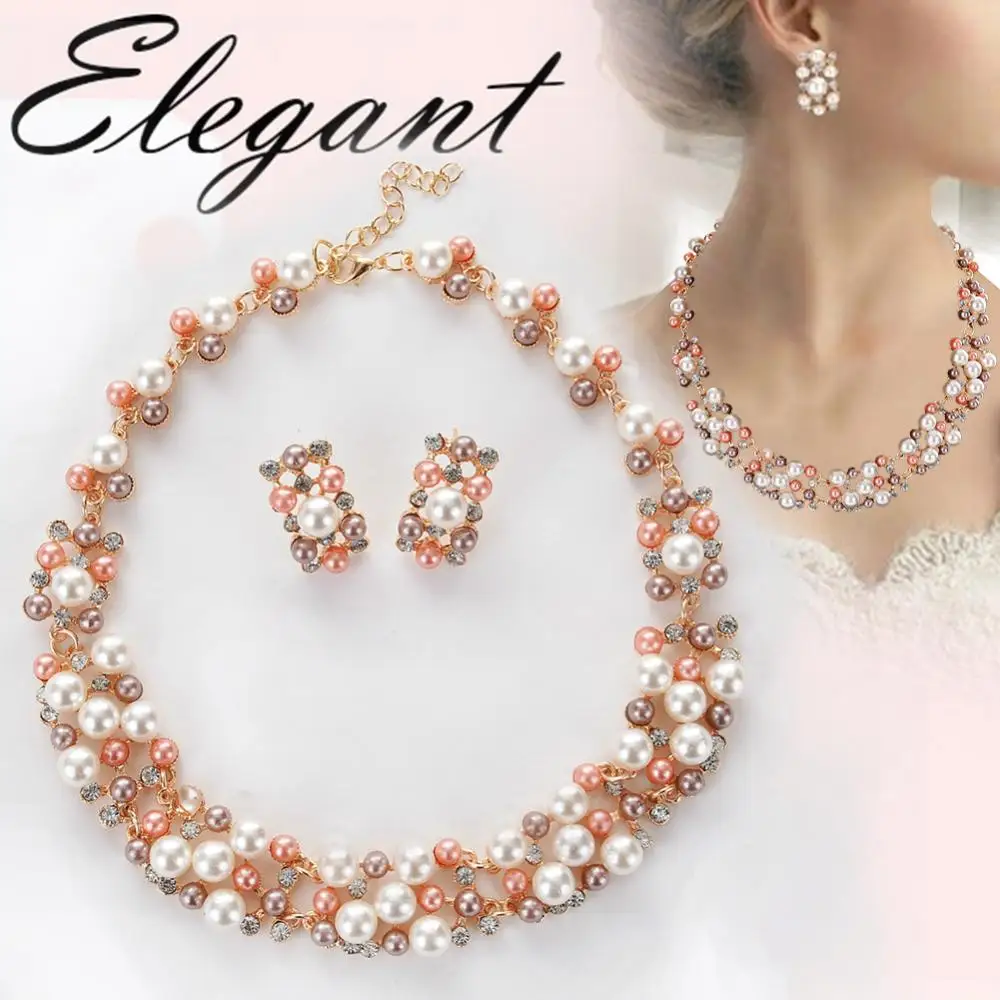 60%HOT2 Pack Women Elegant Bridal Pearl Rhinestone Encrusted Necklace Earrings Jewelry Set Party Favors