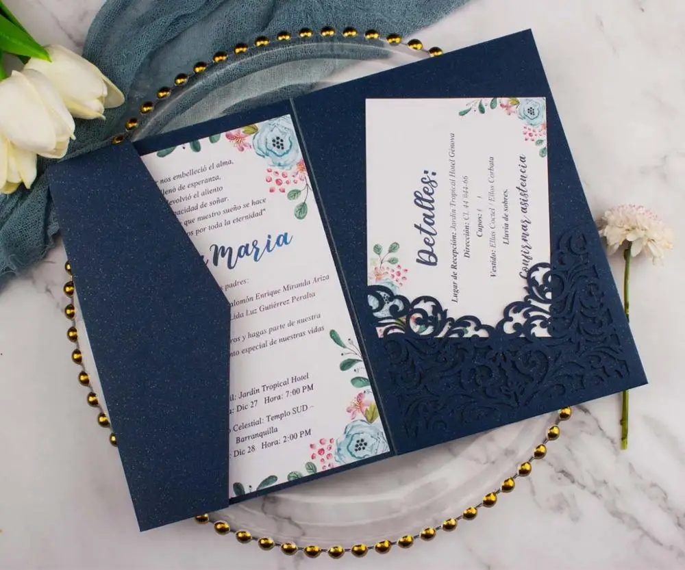 Free Drop Shipping 50X Gold/Dark blue Laser Cut tri-fold Wedding Invitation Cards Kit Personalized Pocket Invite Customized RSVP