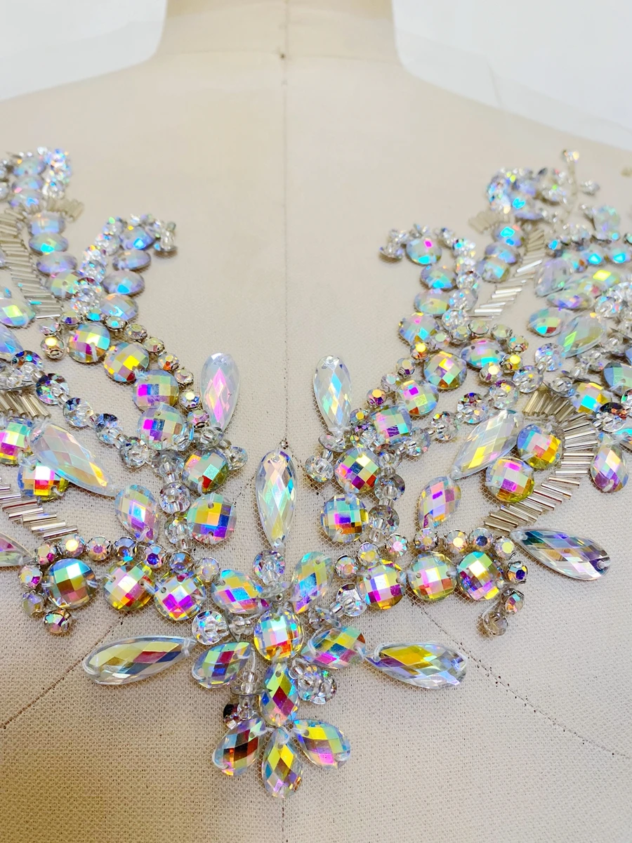 A17 Handmade  crystals trim patches  sew on Rhinestones clear AB colour  applique  34*25cm for top dress skirt accessory