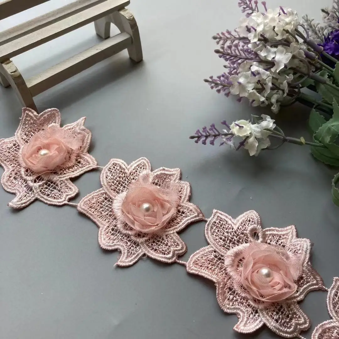 1 Yard Pink 7 X 6.5cm Rose Pearl Beaded Embroidered Flower Lace Ribbon Trim Floral Applique Patches Fabric Sewing Craft Vintage