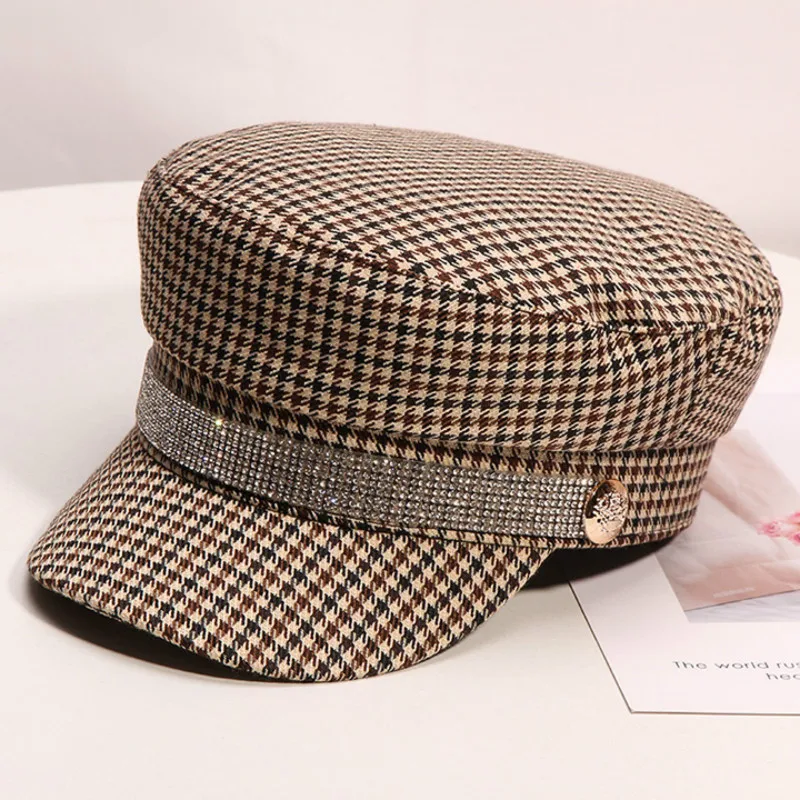 

H294 Women Fall Winter Visor Hat Korean Fashion All-match Plaid Flat Top Navy Cap Ladies British Retro Rhinestone Casual Caps