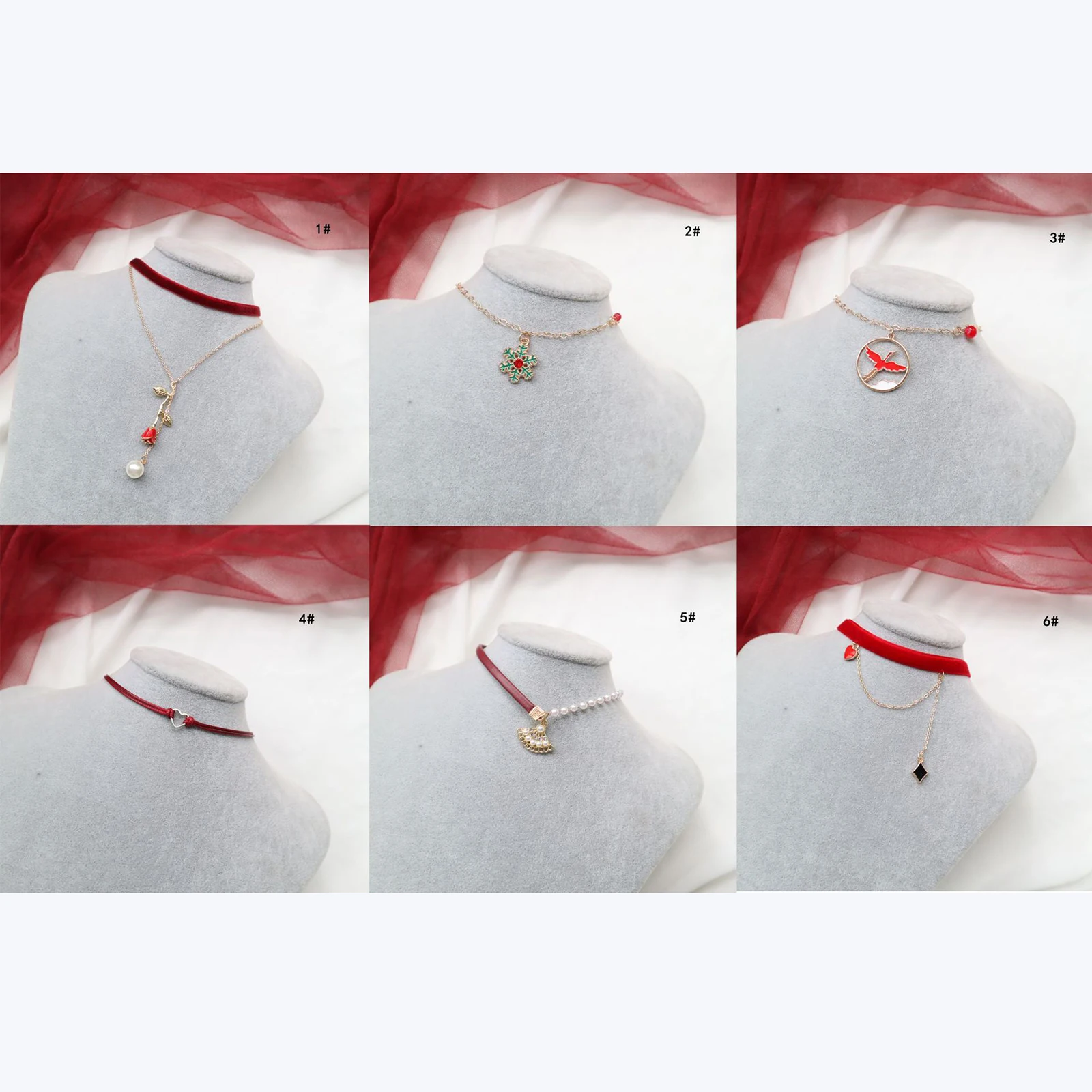 Red Series Velvet Tiny Heart Pendants Chokers Necklaces Red Wine Flower embroidery Neck Charm Necklace Lace Choker Women Jewelry image 4