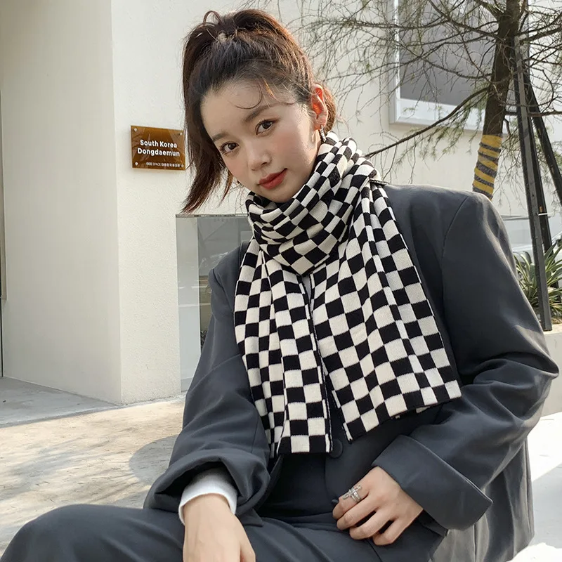 OMEA Twist Knit Scarf Women Winter Accessories Black and White Chessboard Plaid Patchwork Scarf Luxury Fashion Shawl Geometric