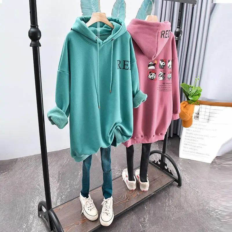 Women\'s Hoodies Autumn Winter Plus Velvet Thick Couple Clothes 2024 New Cartoon Letters Large Size Loose Mid-length Jacket Coat