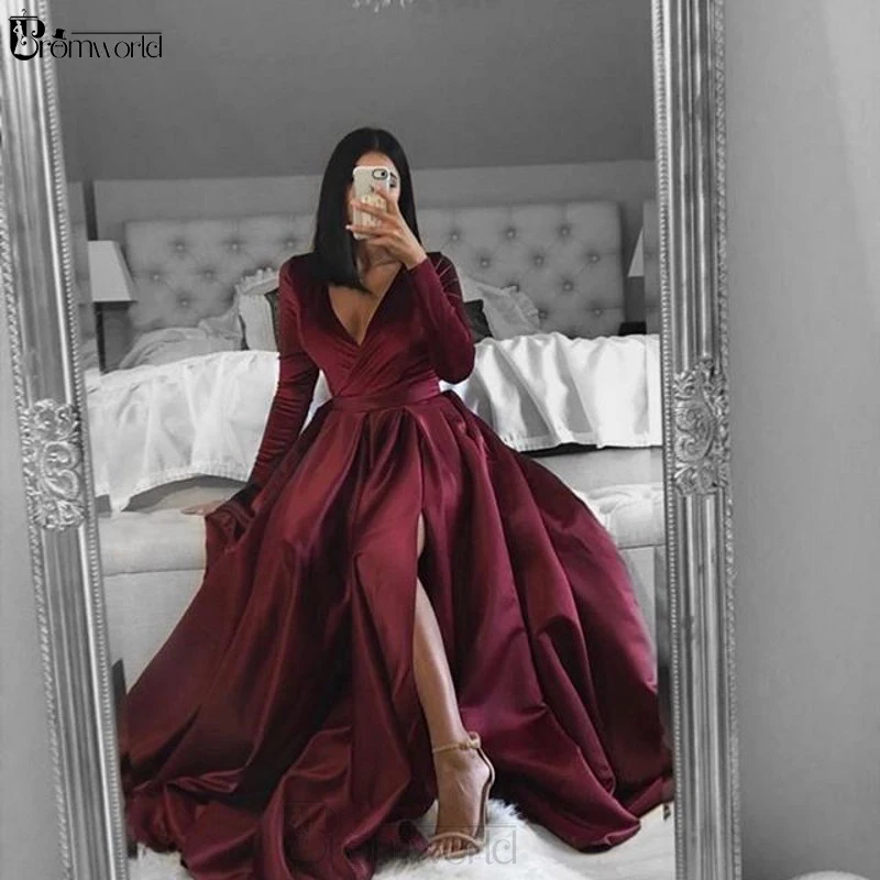 Robe de soirée de forme trapèze en Satin pour femmes, tenue de soirée Simple, col en v, fente haute, manches longues, Sexy, bordeaux, 2021