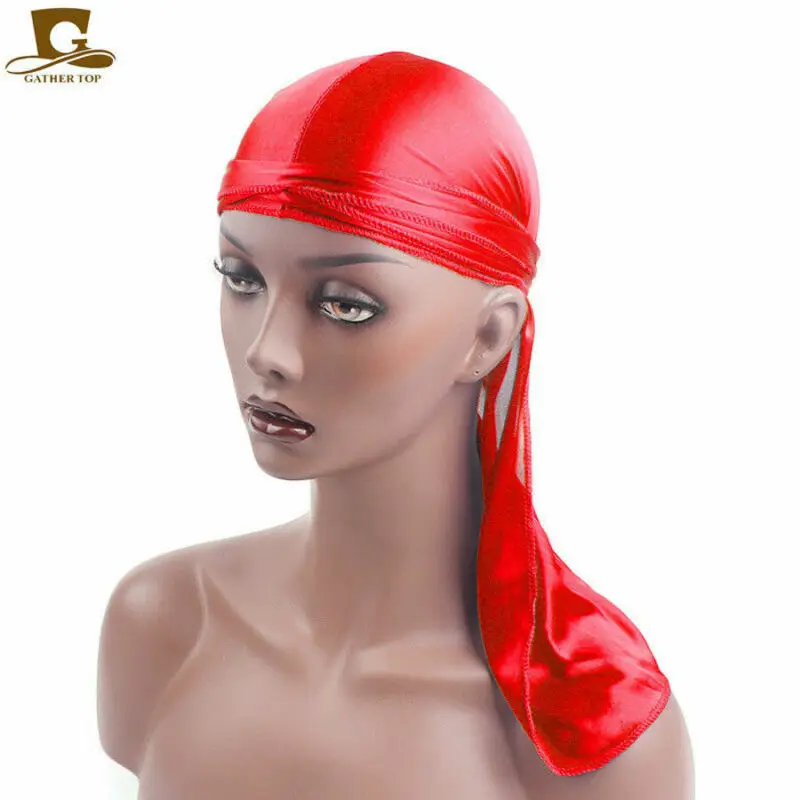 Unisex Long Silk Satin Breathable Turban Hat Wigs Durag Biker Headwrap Chemo Cap Pirate Hat Men Hair Accessories