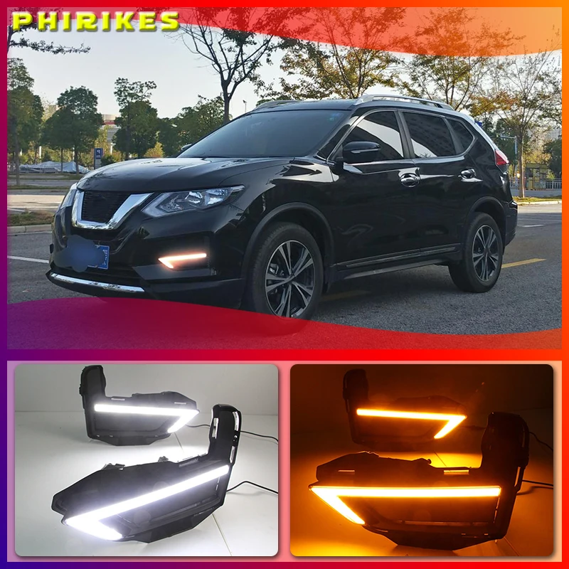 

1Pair DRL For Nissan X-Trail Xtrail X trail 2017 2018 2019 Daytime Running Lights fog lamp cover 12V Daylight with yellow signal