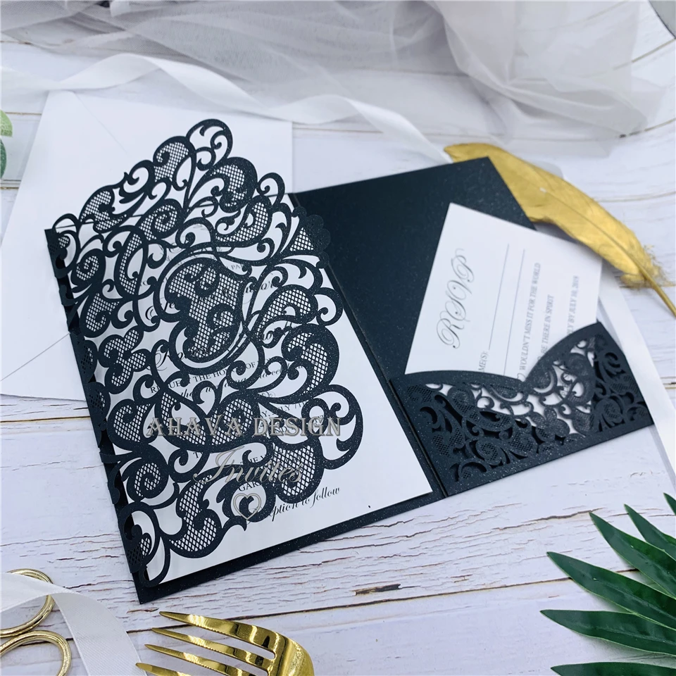 Modern Black And White Tri-fold Laser Cut Wedding Invitations With Special RSVP Card, Free Design