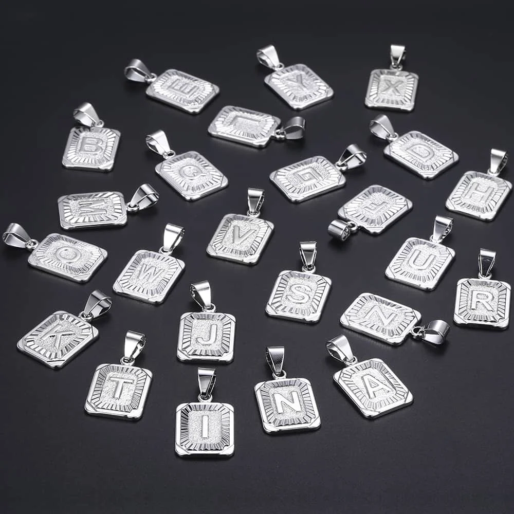 Silver Color Square Initial Letter ABC Pendant Necklace for Men Women Stainless Steel Curb Cuban Chain Name Pendant 5mm GPM11B