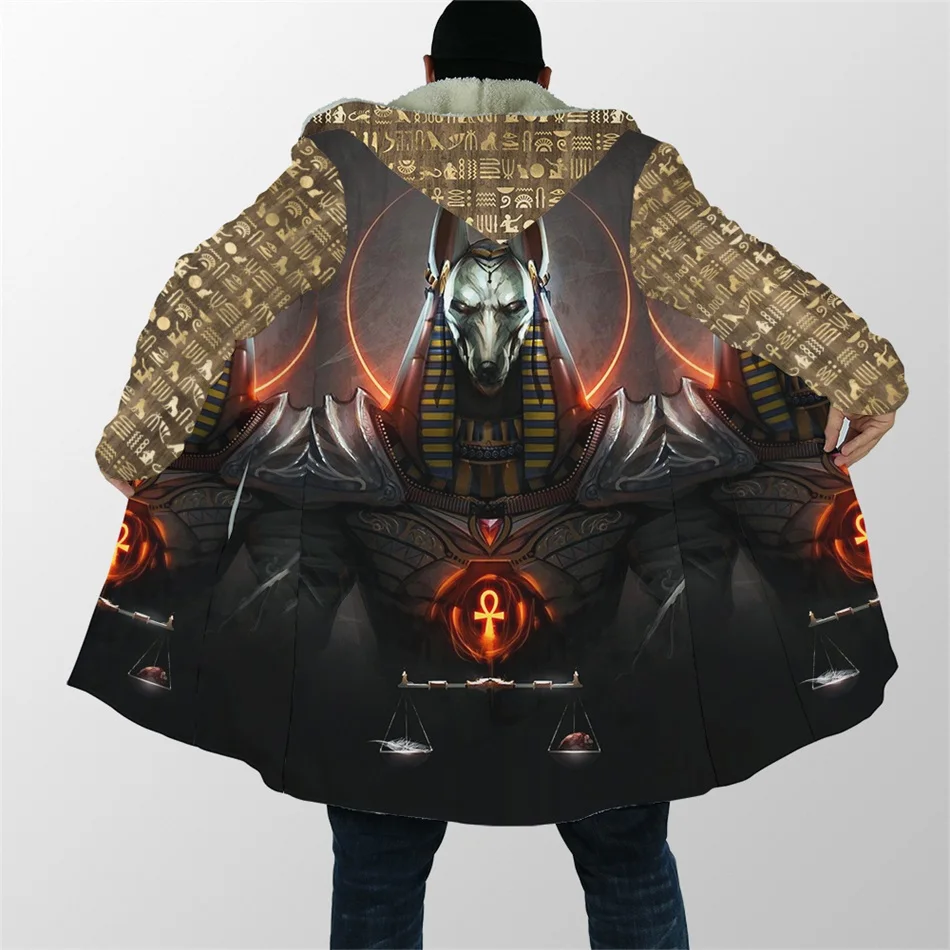 

2021 Winter Mens cloak Ancient Egypt Pharaoh Anubis face 3D Printing Thick Fleece Hooded Coat Unisex Casual Warm Cape coat DP14