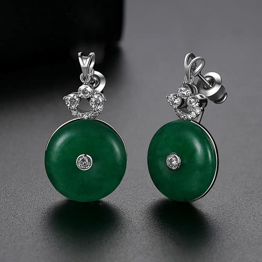 LUOTEEMI Elegant Round Green Imitation Jade Drop Earrings for Women Tranditional Women Wedding Bridal Accessories Friend Gifts