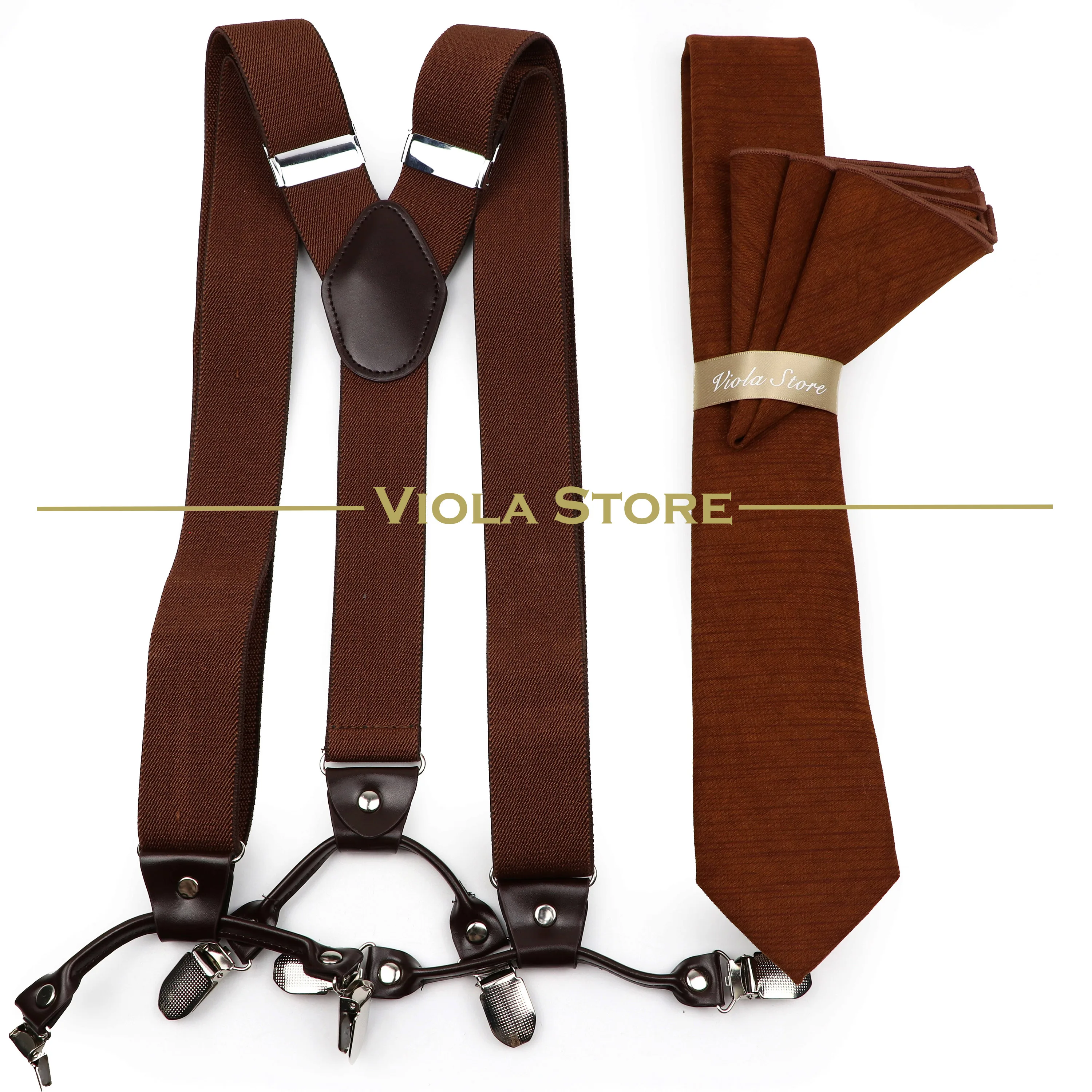 6 Clips 3.5cm Width Wide Men Suspender 7cm Velvet Neckie Hankie Sets Solid Brace Navy Red Luxury Strap Male Gift Accessory Top