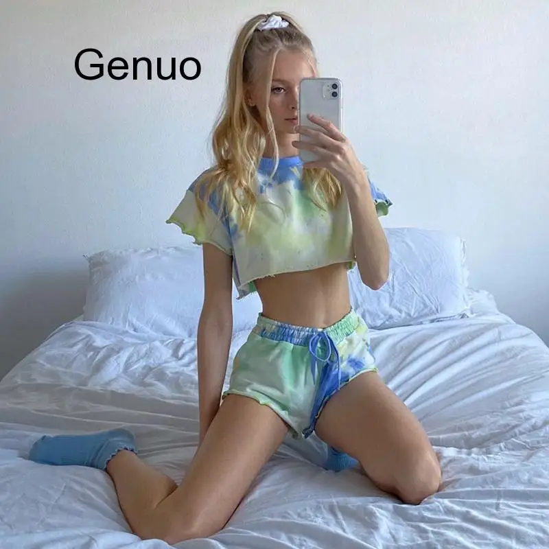 Tie Dye Print Tracksuit Two Piece Set Women Short Sleeves Tshirt And High Waist Shorts Jogging Sets Femme Lounge Wear