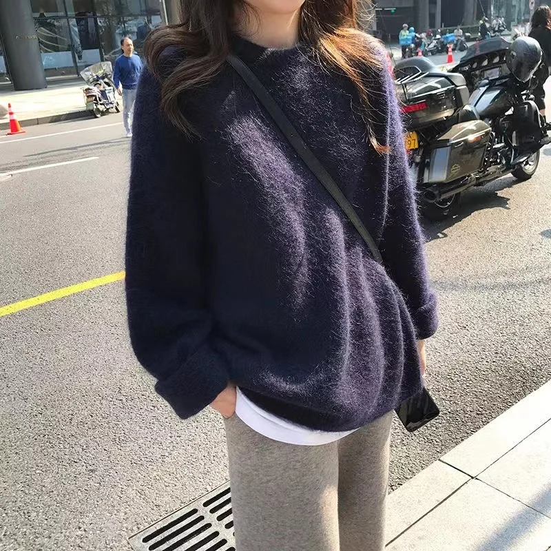 2023 High Quality Women Purple Knitted Pullovers New Designer Autumn Winter O Neck Soft Mink Cashmere Loose Sweater Lazy Style