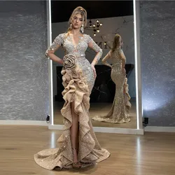 Sparkle Champagne Split Mermaid Evening Dresses Rhinestone Beaded Long Prom Gowns Full Sleeves Sequined Ruffles Formal Dresses