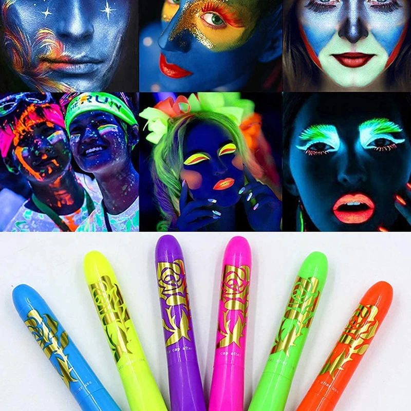 6Pcs Glow In The Dark Face Black Light Paint UV Neon Face Body Paint Crayon Kits Fluorescent Makeup Marker Washable