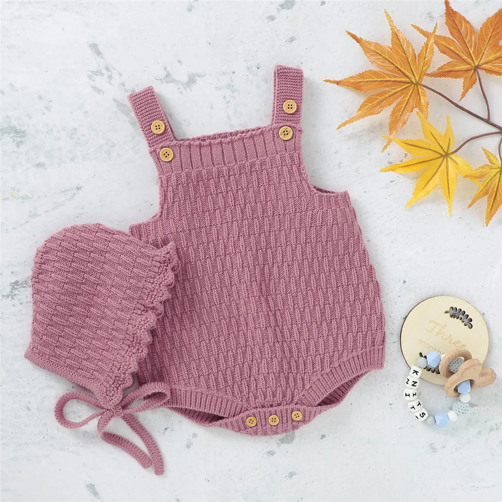 2Pcs Toddler Kids Baby Outfits Set Cute Knitted Solid Color Romper Triangle Crotch Button One-Piece Jumpsuit+Lace-Up Hats