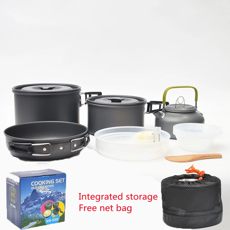 Outdoor 4-5 People Portable Camping Non-Stick Pot Teapot Multi-Person Fishing Barbecue Self-Driving Picnic Cooker Set