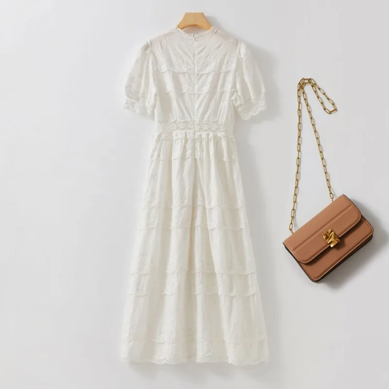 Summer New Bohemian Women Floral Lace Long Dress Short Sleeve Vintage Crochet Beach Dresses White Slim Fit Ladies Holiday Dress