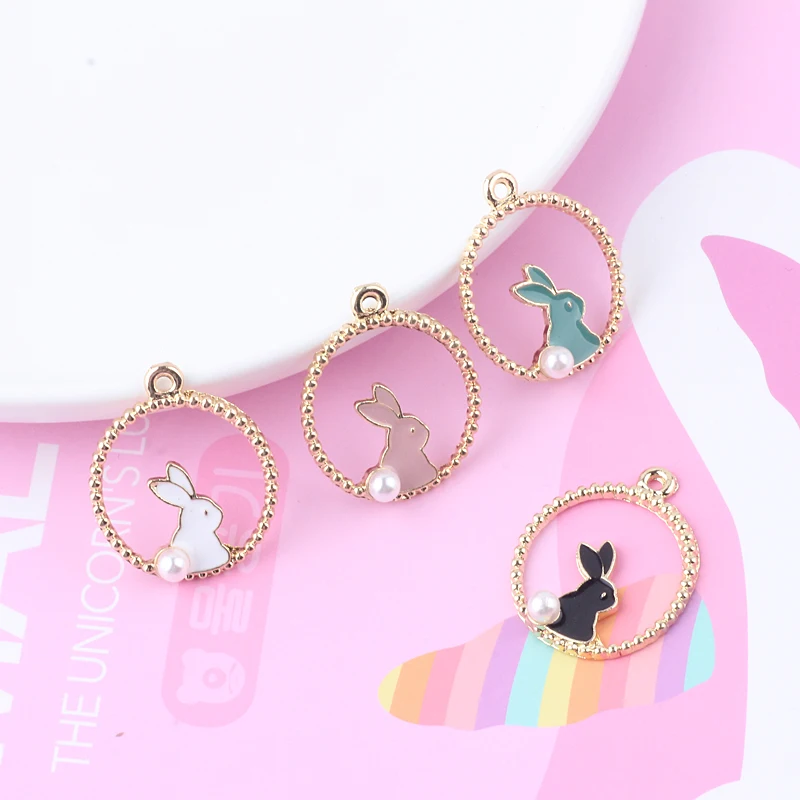 10pcs Cute Pearl Rabbit Enamel Charms Hollow Out Round Gold Color Alloy Pendants Fit Earrings Bracelet DIY Jewelry Accessories