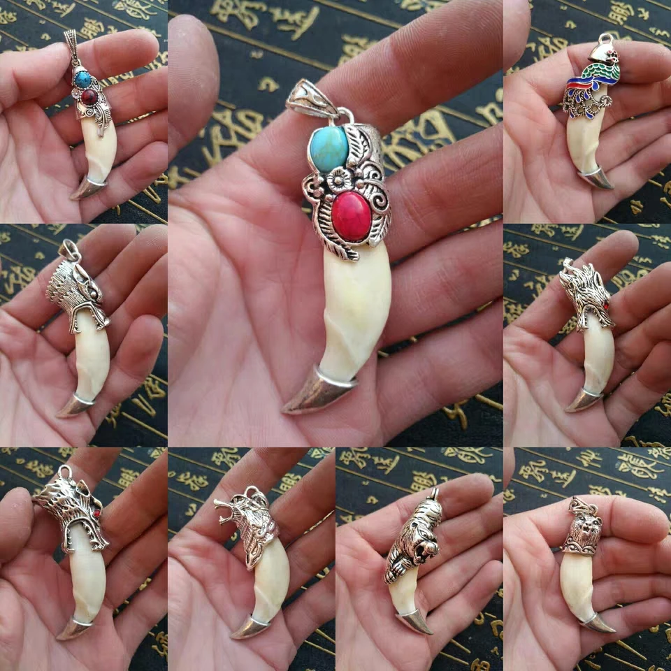 China Vintage Tibetan Silver Inlaid Natural Stone Amulet Men's Couple Pendant/Braided Rope Necklace Wolf Teeth Pendant Gift