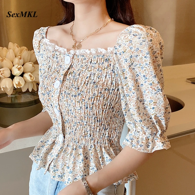 

Summer Corset Top Blouse Women 2022 Vintage Puff Sleeve Floral Print Chiffon Blusas Mujer French Slim Sexy Casula Bustier Top