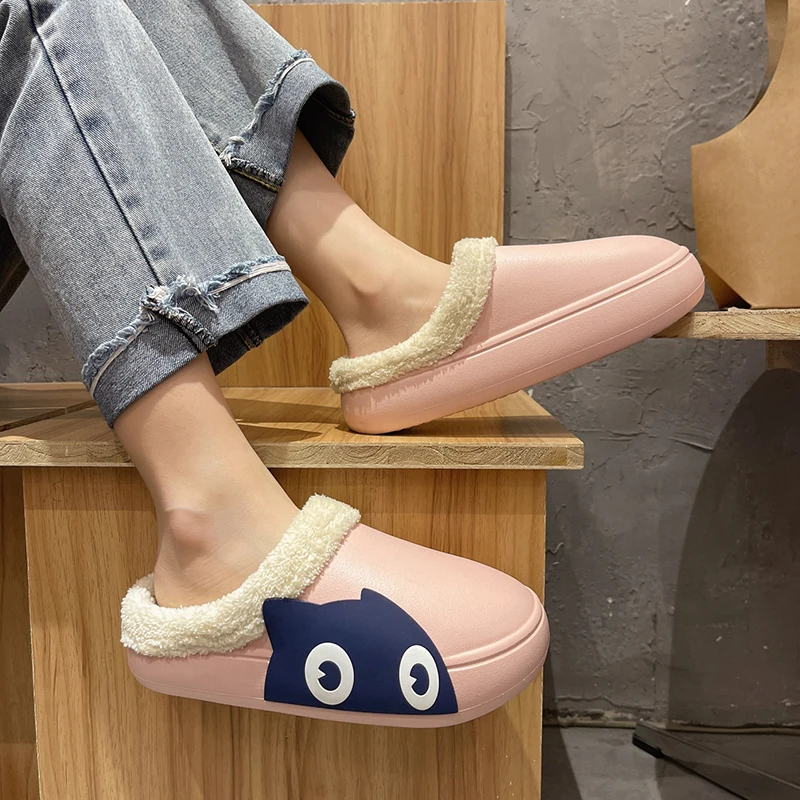 Home Winter Women Thick Platform Waterproof Non-Slip Rubber Slippers Warm Indoor Fur Cotton Men Couples Ladies Cartoon Shoes