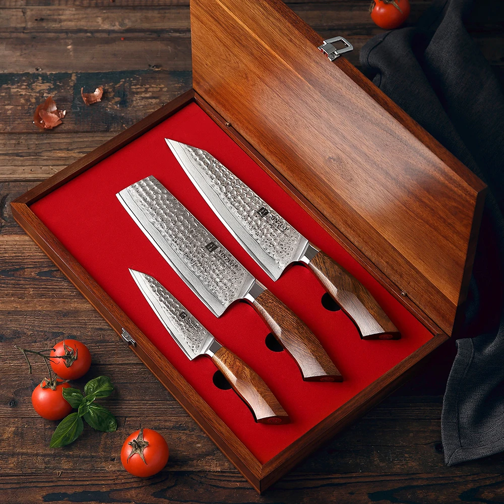 XINZUO 3Pcs Knife Set with Exquisite Acacia Wood Gift Box SRS13/R2/SG2 Damascus Steel Core Blade Kitchen Meat Nakirir Knives