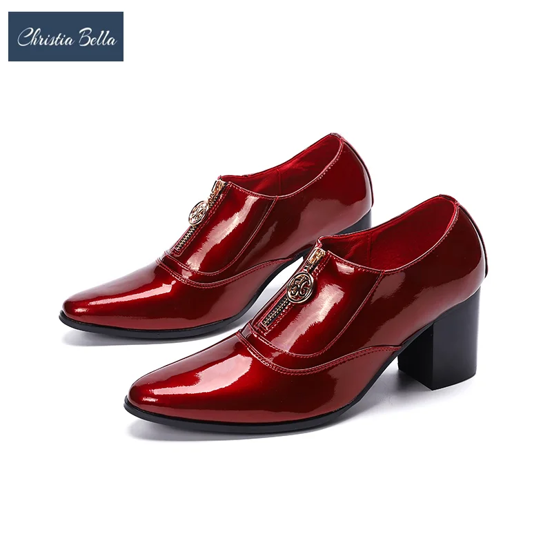 

Luxury Red Patent Leather Men Formal Dress Shoes Party Celebration Man High Heel Pointed Toe Shoes Nightclub Dancer Short Boots