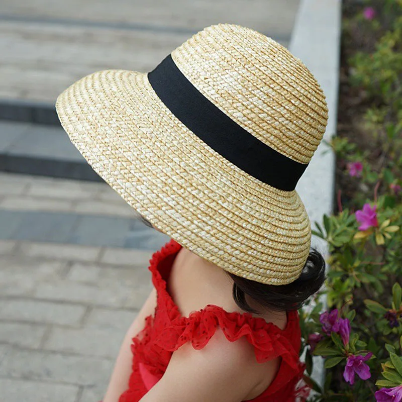 Children's Bucket Hat Dome Wide Brim Summer Hat Sun Hat Ribbon Bowknot Lace Up Beach Hat Girl Cap Sun Protection Caps Straw Hat